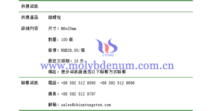 鉬螺栓價(jià)格表圖片
